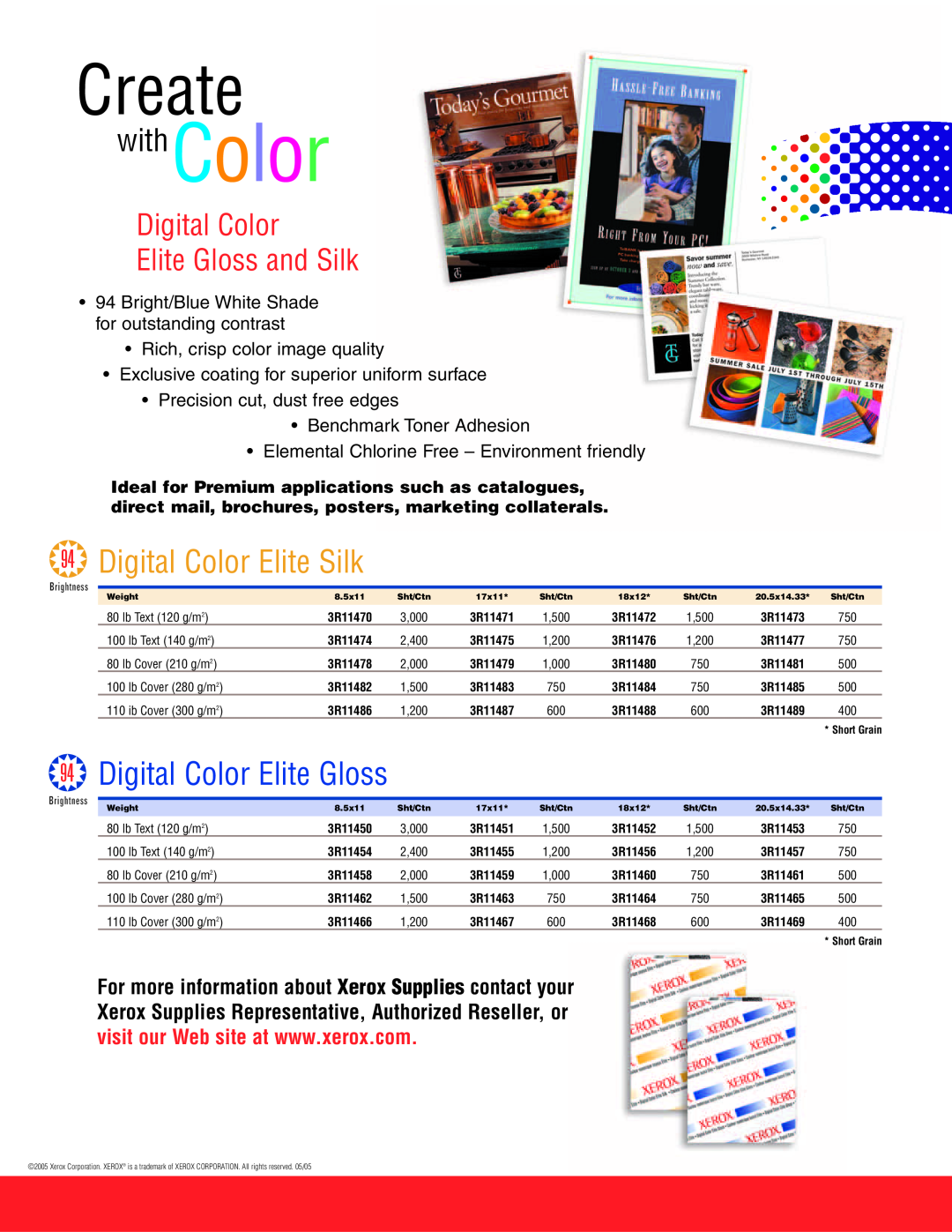 Xerox 3R11469, 3R11471, 3R11467, 3R11463 Create, Digital Color Elite Silk, withColor, Digital Color Elite Gloss and Silk 