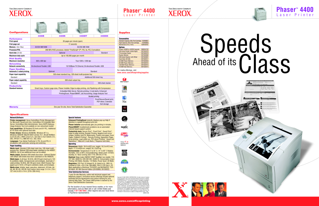 Xerox specifications Speeds, Phaser, L a s e r P r i n t e r, Ahead of its Class, Configurations, Supplies, 4400B 