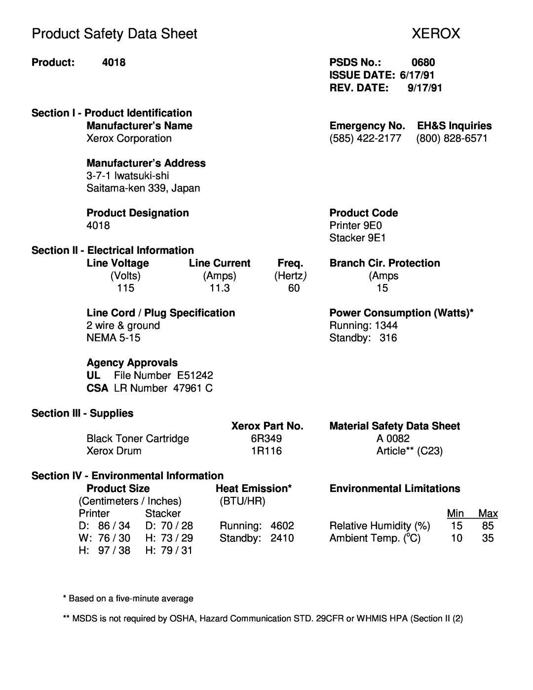 Xerox 4018 manual Product Safety Data Sheet, Xerox 