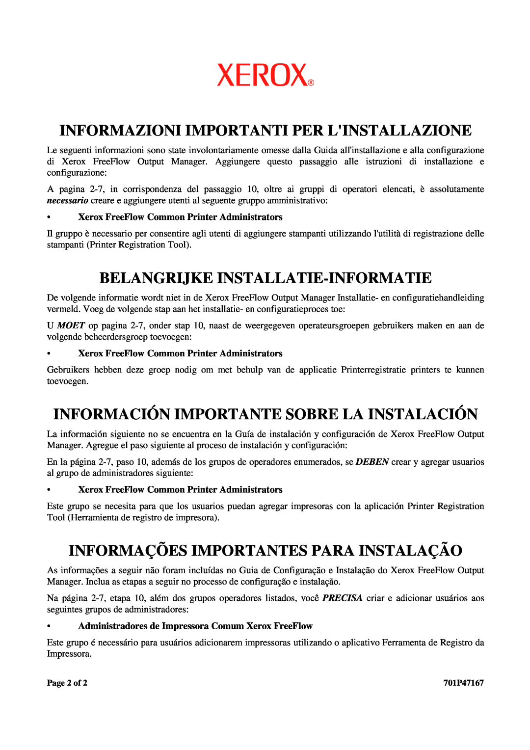 Xerox 400400, 402400, 422400, 404400 manual Informazioni Importanti Per Linstallazione, Belangrijke Installatie-Informatie 