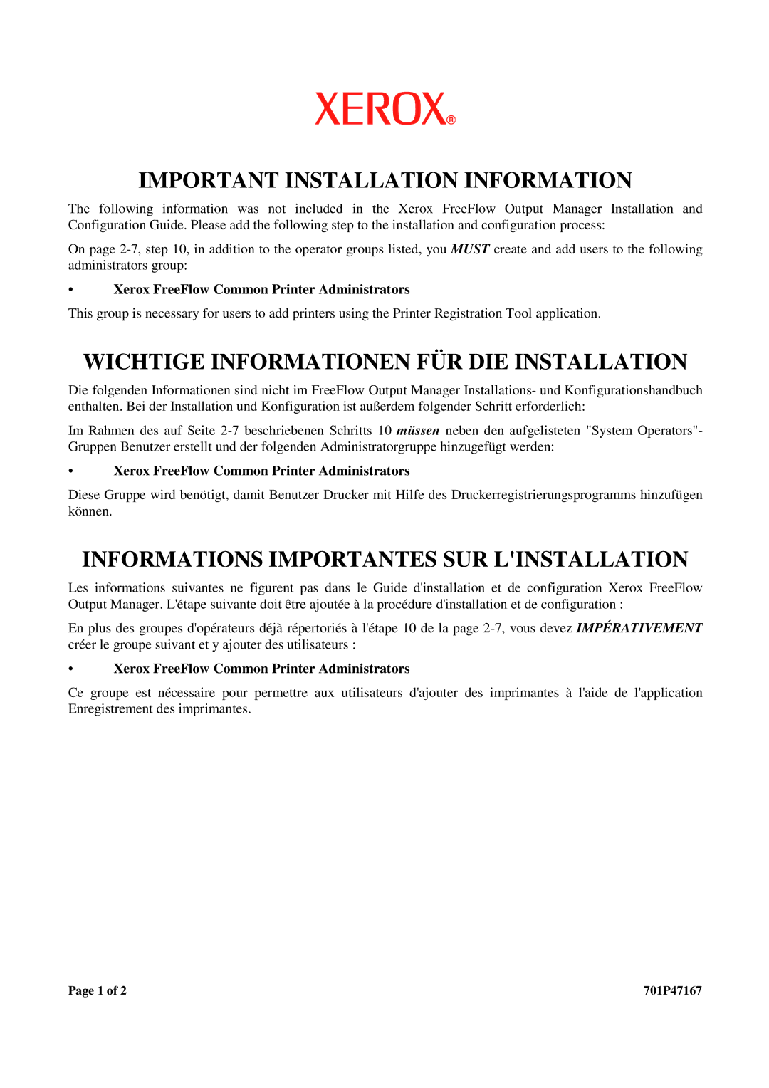 Xerox 422400, 402400, 400400, 404400 manual Important Installation Information, Wichtige Informationen FÜR DIE Installation 