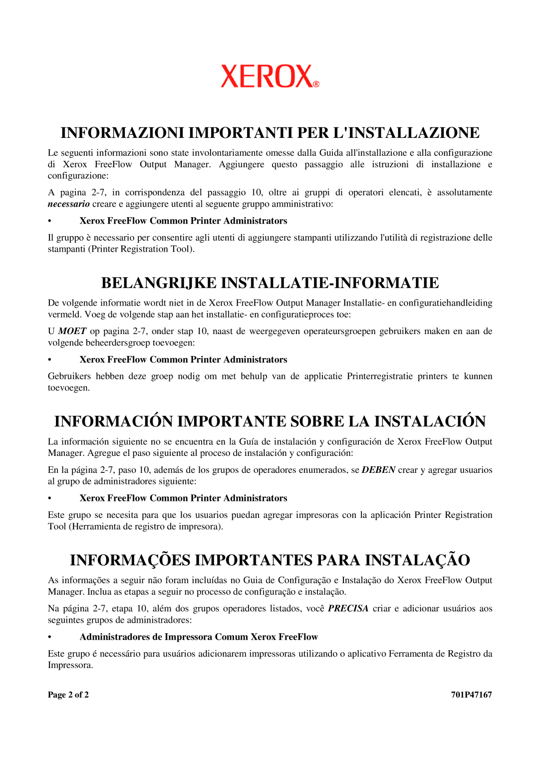 Xerox 400400, 402400, 422400, 404400 manual Informazioni Importanti PER Linstallazione, Belangrijke INSTALLATIE-INFORMATIE 