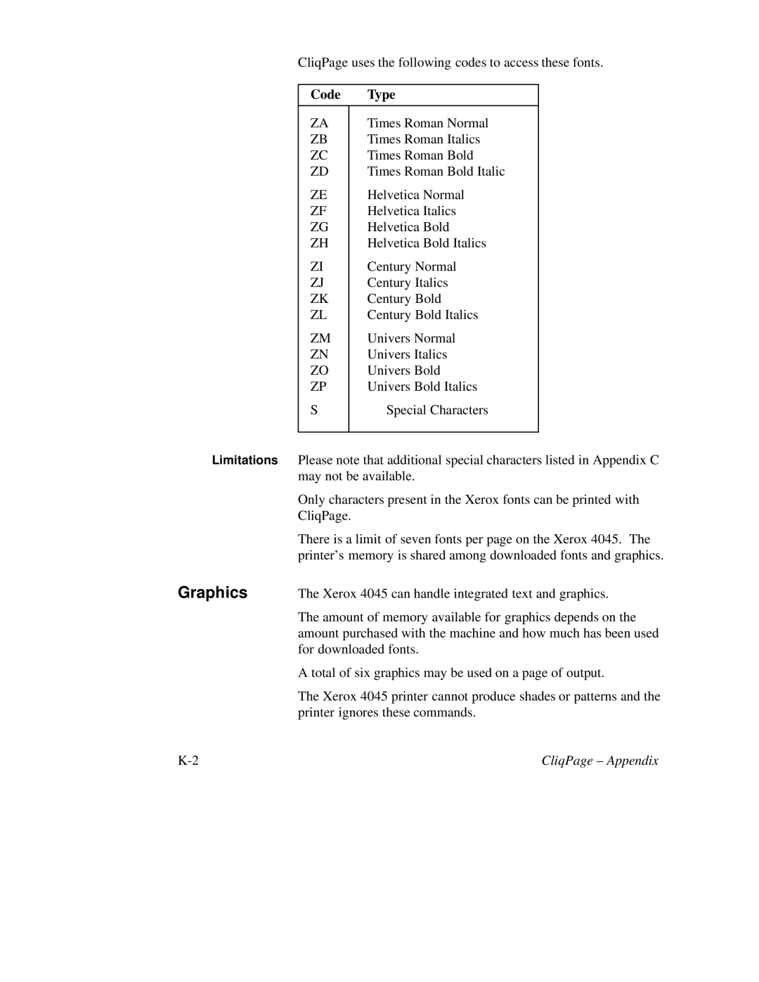 Xerox 4045 appendix Graphics, Code Type 