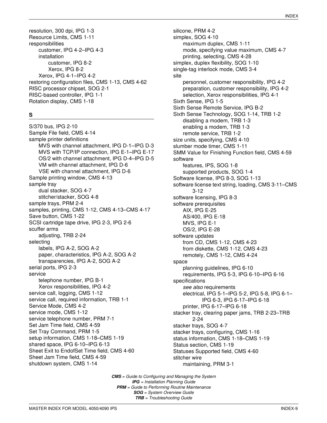 Xerox 4050 IPS manual Master Index for Model 4050/4090 IPS INDEX-9 