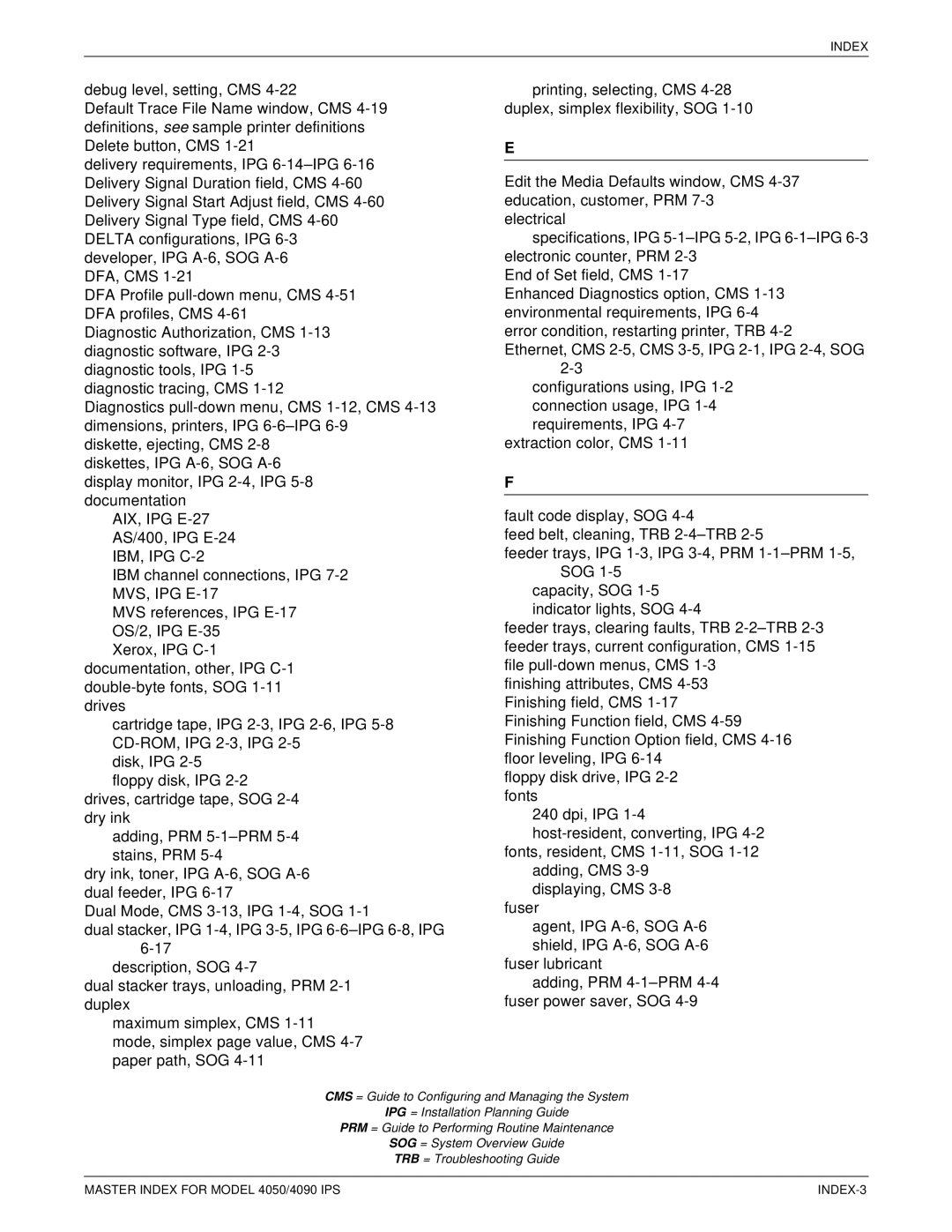 Xerox 4050 IPS manual Master Index for Model 4050/4090 IPS INDEX-3 