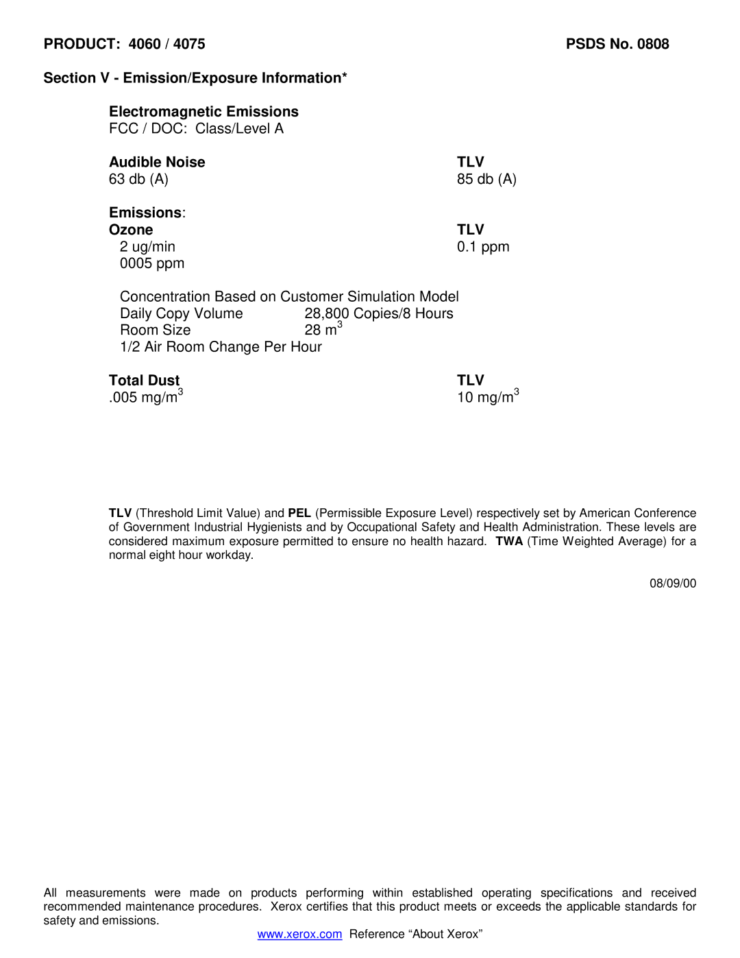 Xerox 4075 manual Product 4060, Audible Noise, Tlv, Emissions Ozone, Total Dust 