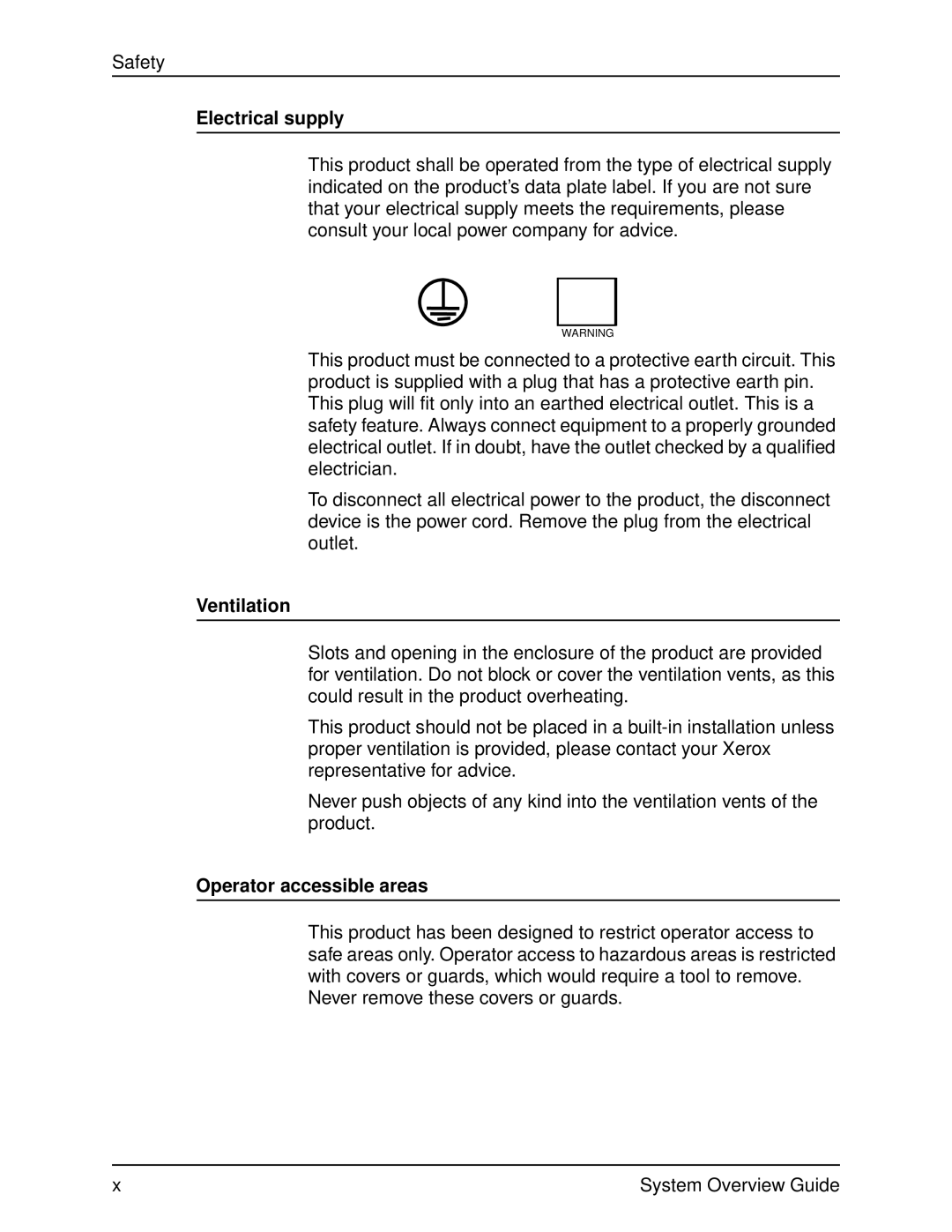 Xerox 4090, 4050 manual Electrical supply, Ventilation, Operator accessible areas 