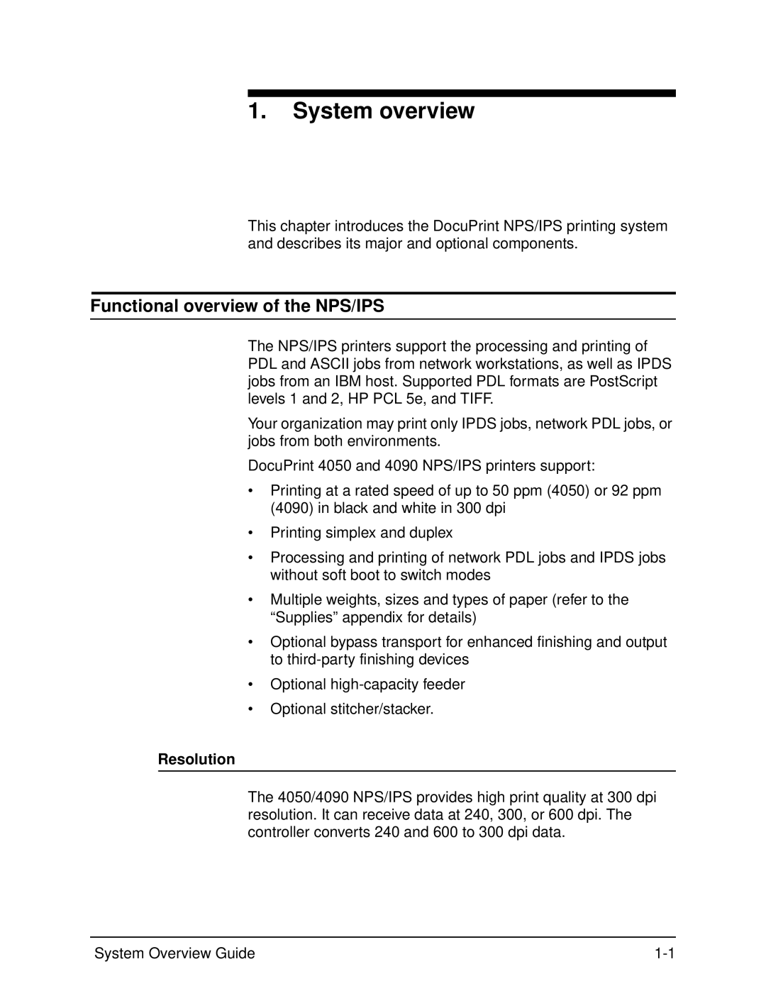 Xerox 4050, 4090 manual System overview, Functional overview of the NPS/IPS, Resolution 