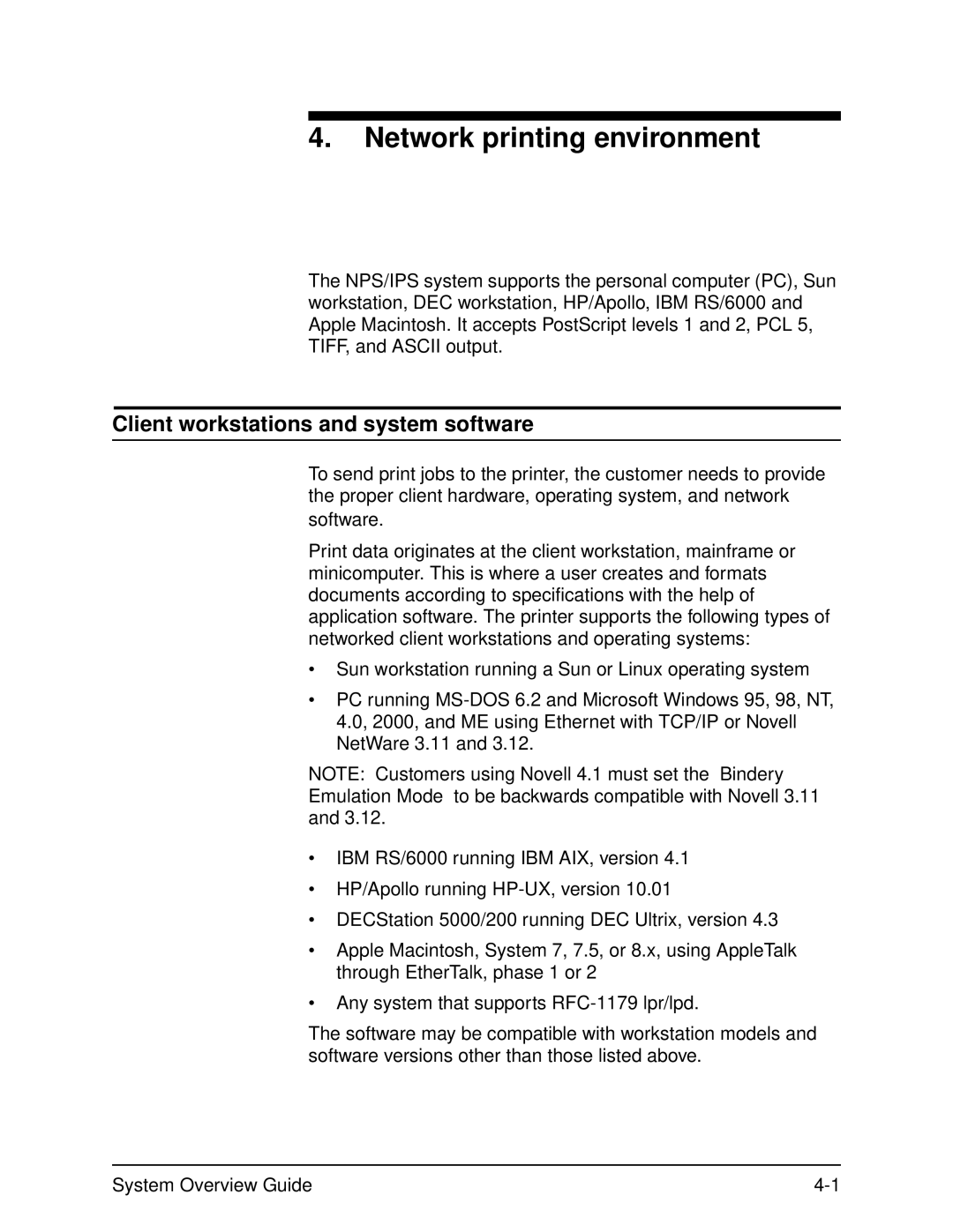 Xerox 4050, 4090 manual Network printing environment, Client workstations and system software 