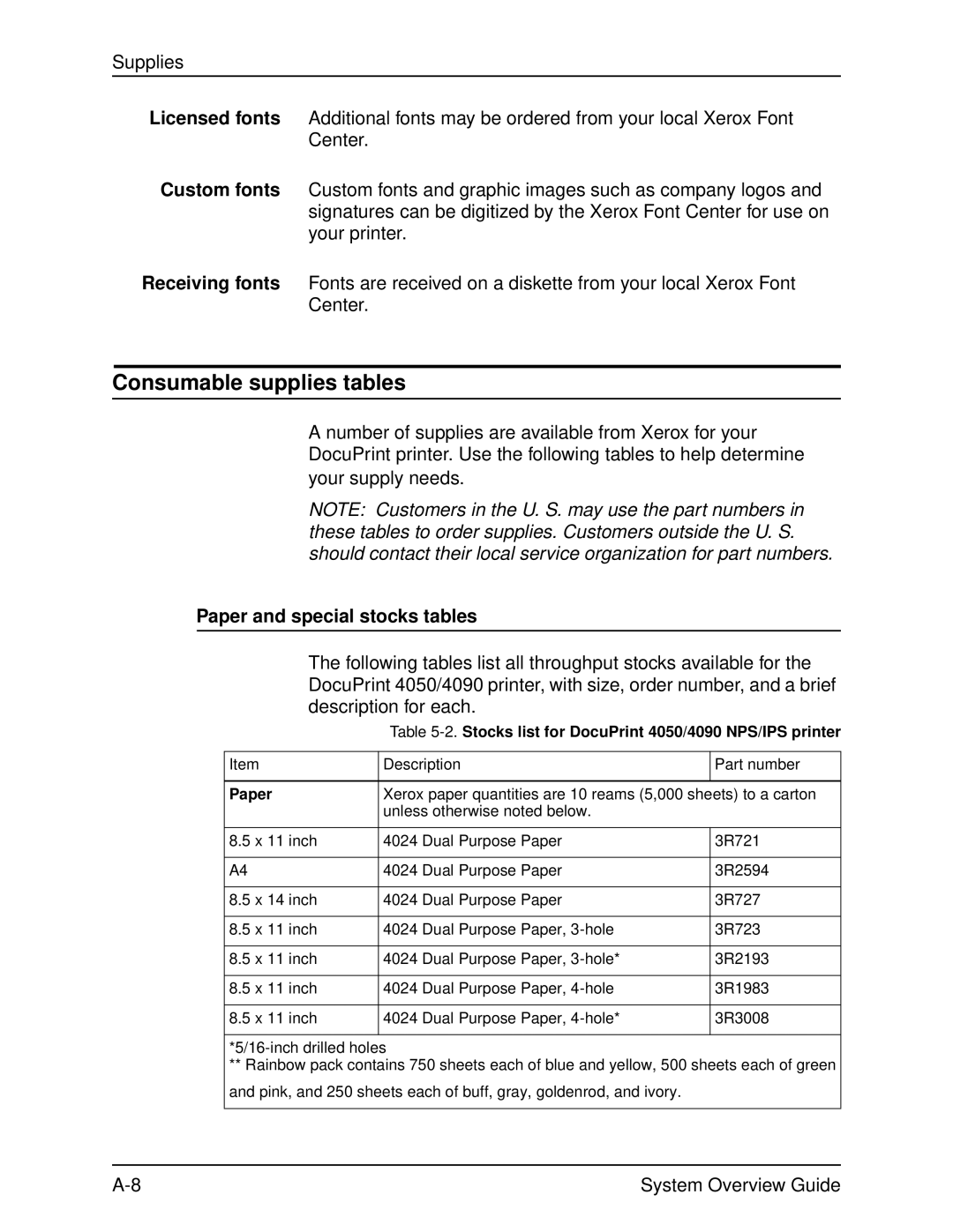 Xerox 4090, 4050 manual Consumable supplies tables, Paper and special stocks tables 