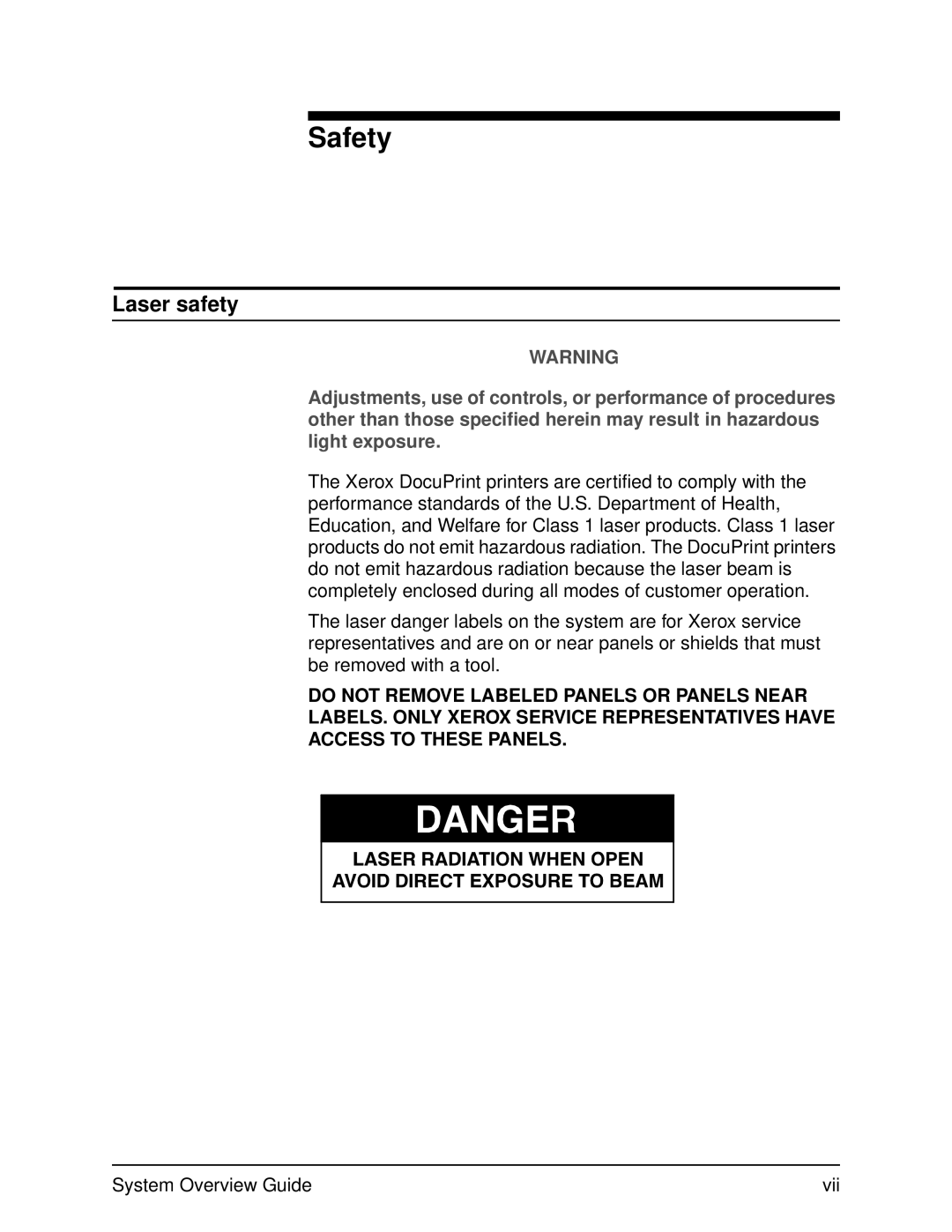 Xerox 4050, 4090 manual Safety, Laser safety 