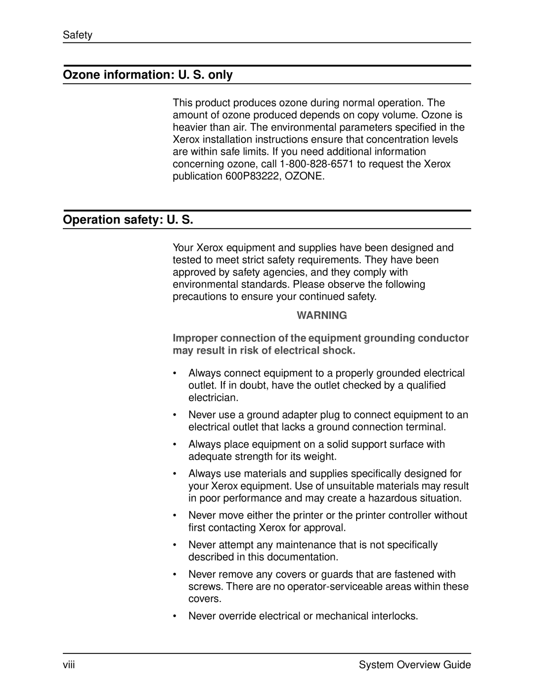 Xerox 4090, 4050 manual Ozone information U. S. only, Operation safety U. S 