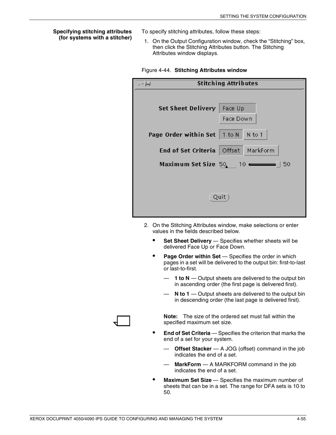 Xerox 4050 IPS, 4090 IPS manual For systems with a stitcher, Stitching Attributes window 