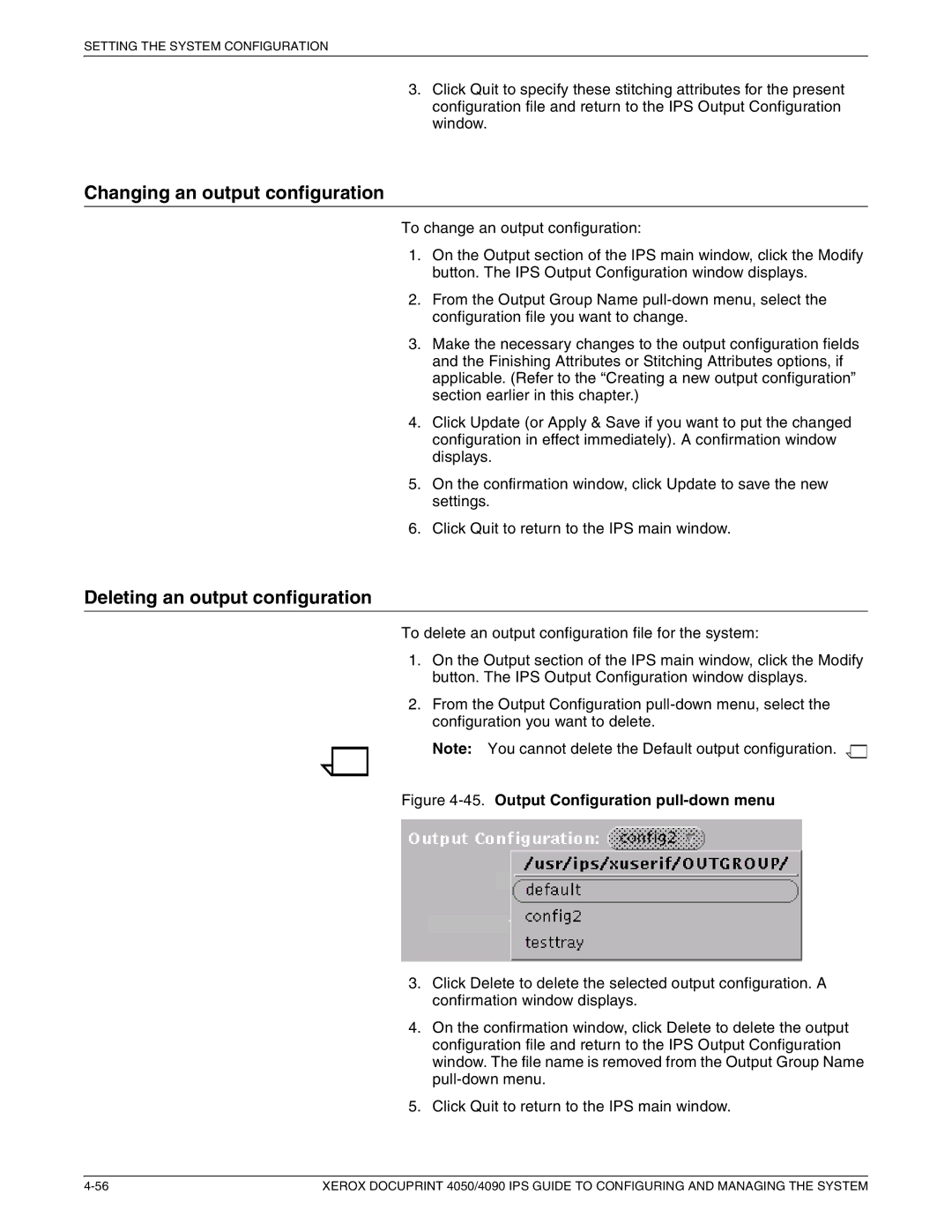 Xerox 4090 IPS, 4050 IPS manual Changing an output configuration, Deleting an output configuration 