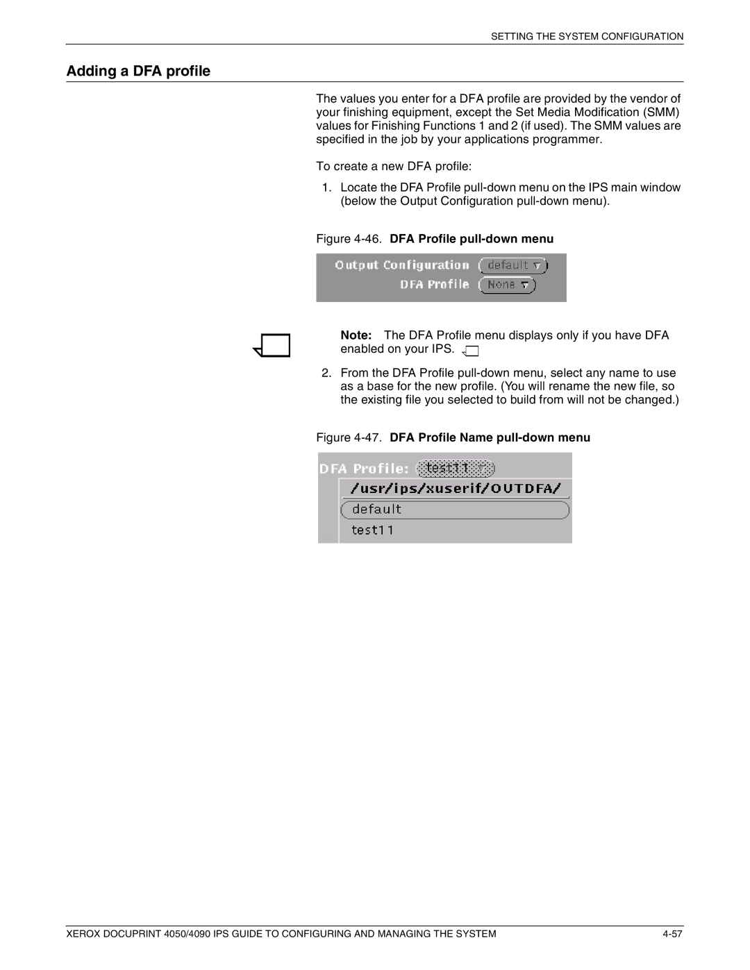 Xerox 4050 IPS, 4090 IPS manual Adding a DFA profile, DFA Profile pull-down menu 