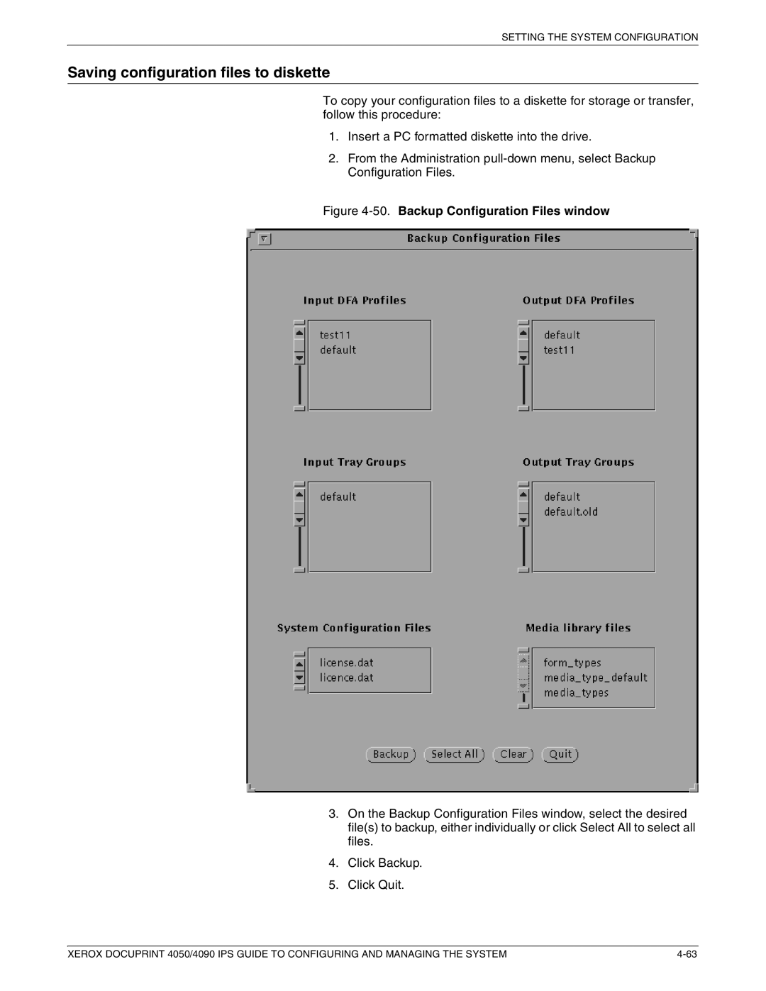 Xerox 4050 IPS, 4090 IPS manual Saving configuration files to diskette, Backup Configuration Files window 