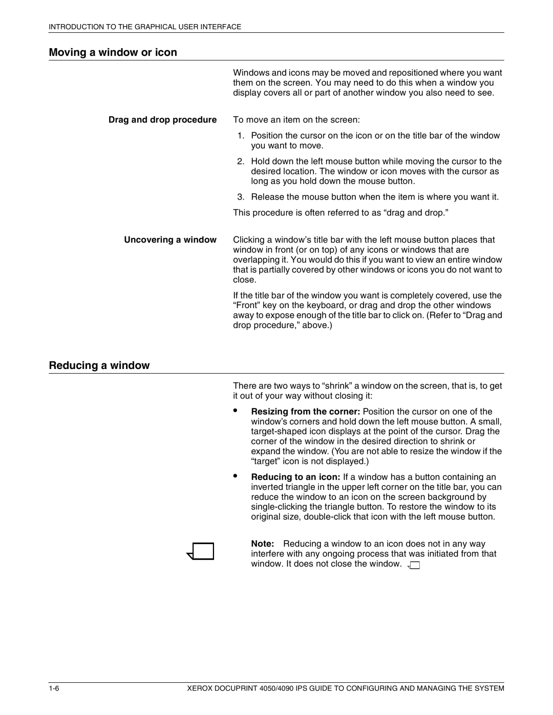 Xerox 4090 IPS, 4050 IPS manual Moving a window or icon, Reducing a window 