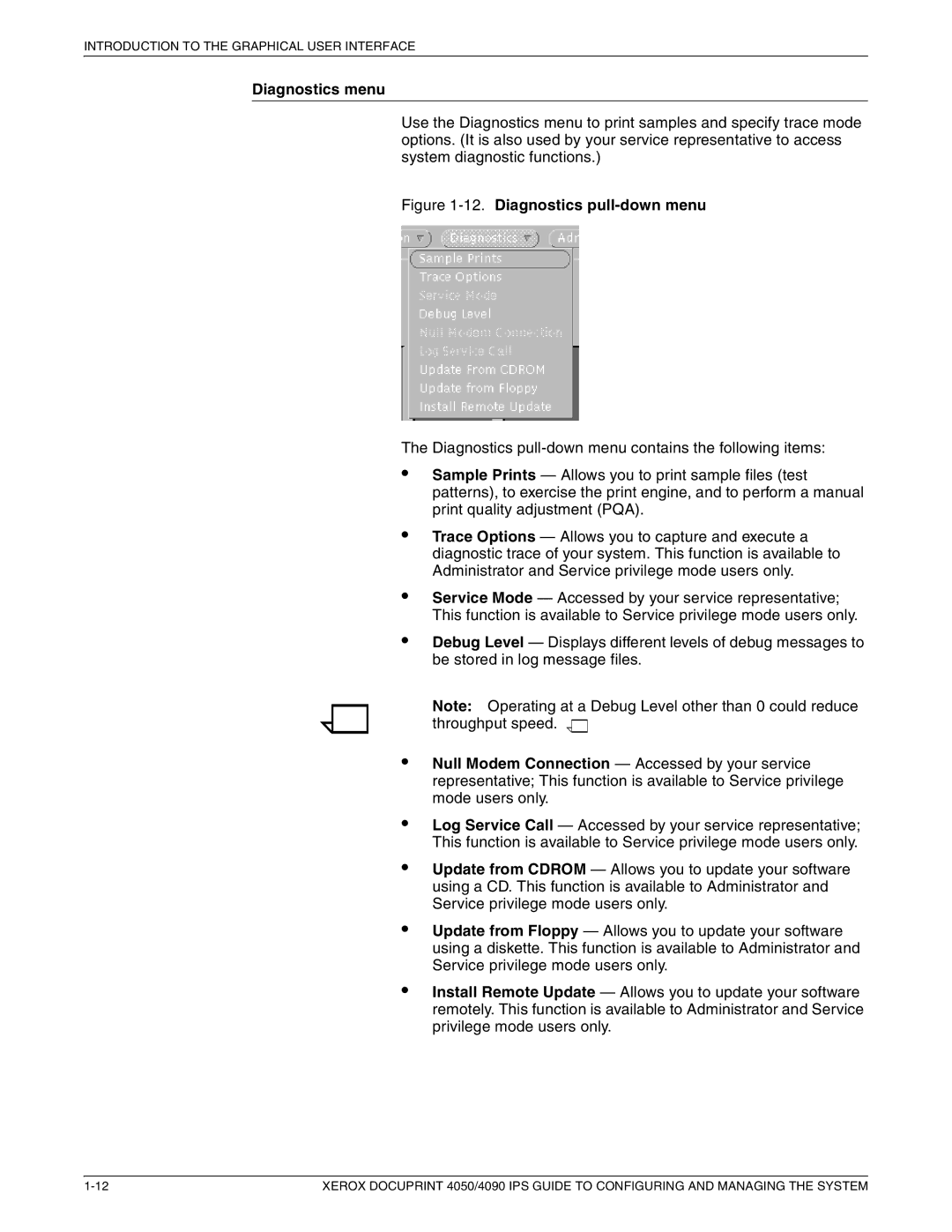 Xerox 4090 IPS, 4050 IPS manual Diagnostics menu, Diagnostics pull-down menu 