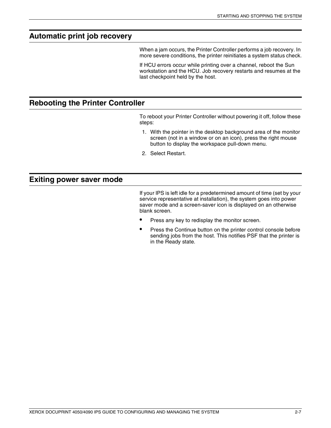 Xerox 4050 IPS, 4090 IPS manual Automatic print job recovery, Rebooting the Printer Controller, Exiting power saver mode 