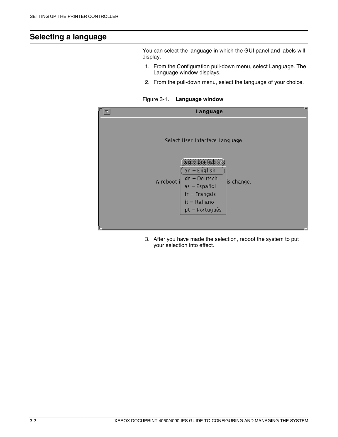 Xerox 4090 IPS, 4050 IPS manual Selecting a language, Language window 