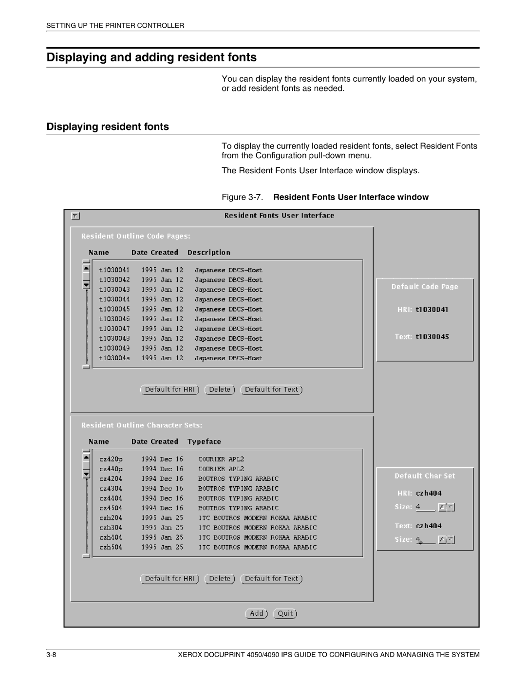 Xerox 4090 IPS, 4050 IPS manual Displaying and adding resident fonts, Displaying resident fonts 