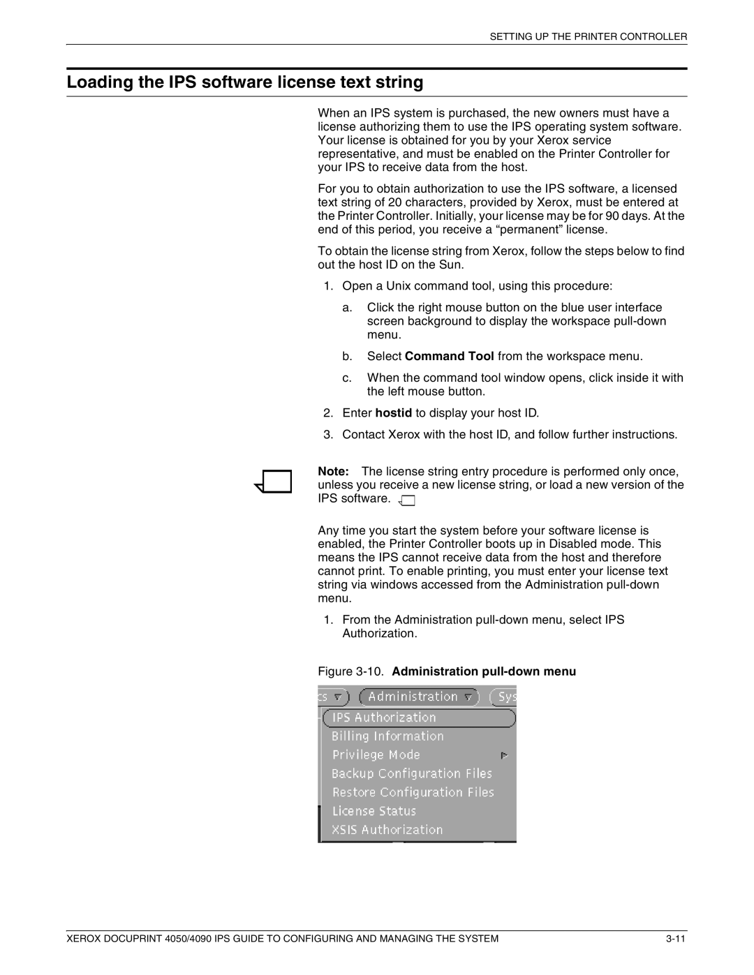 Xerox 4050 IPS, 4090 IPS manual Loading the IPS software license text string, Administration pull-down menu 