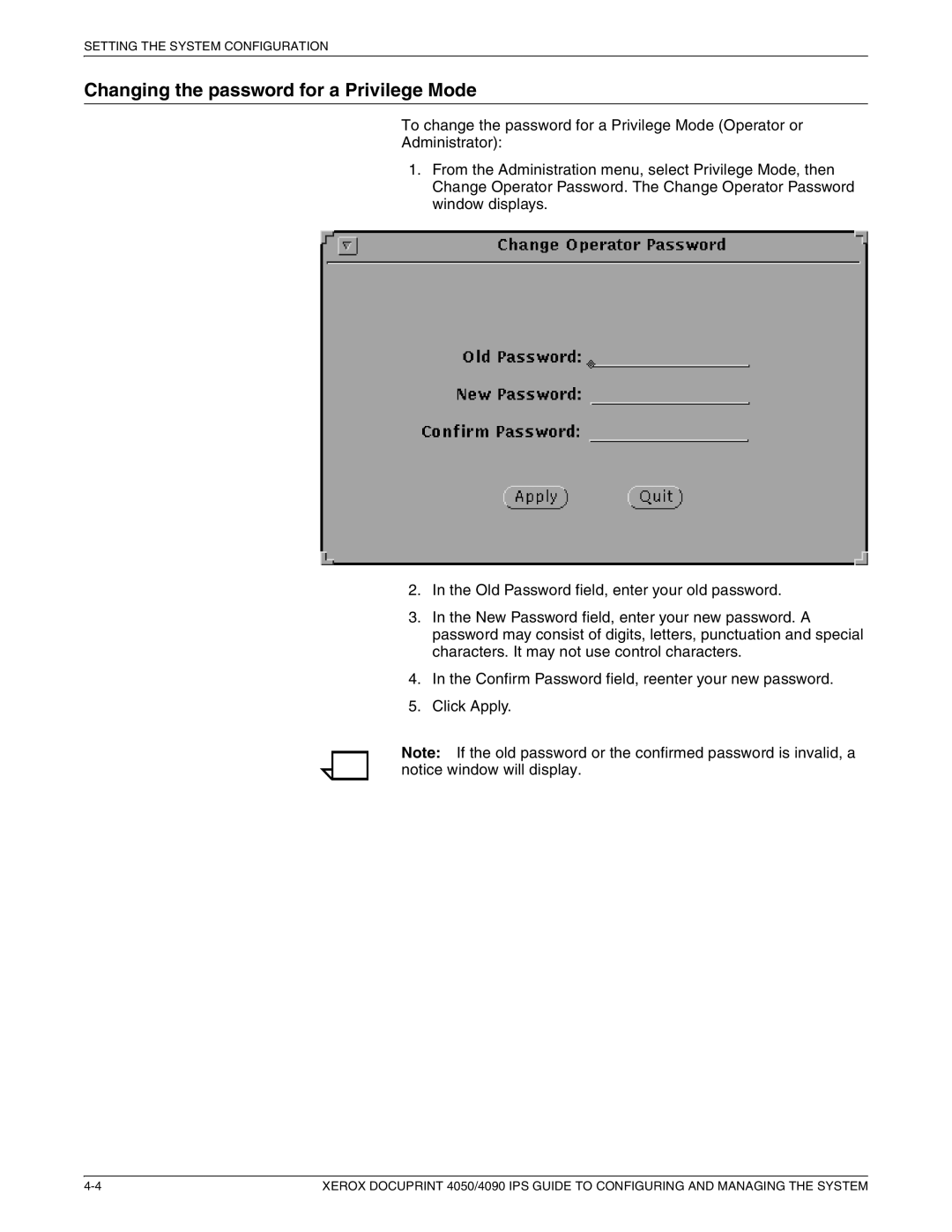 Xerox 4090 IPS, 4050 IPS manual Changing the password for a Privilege Mode 