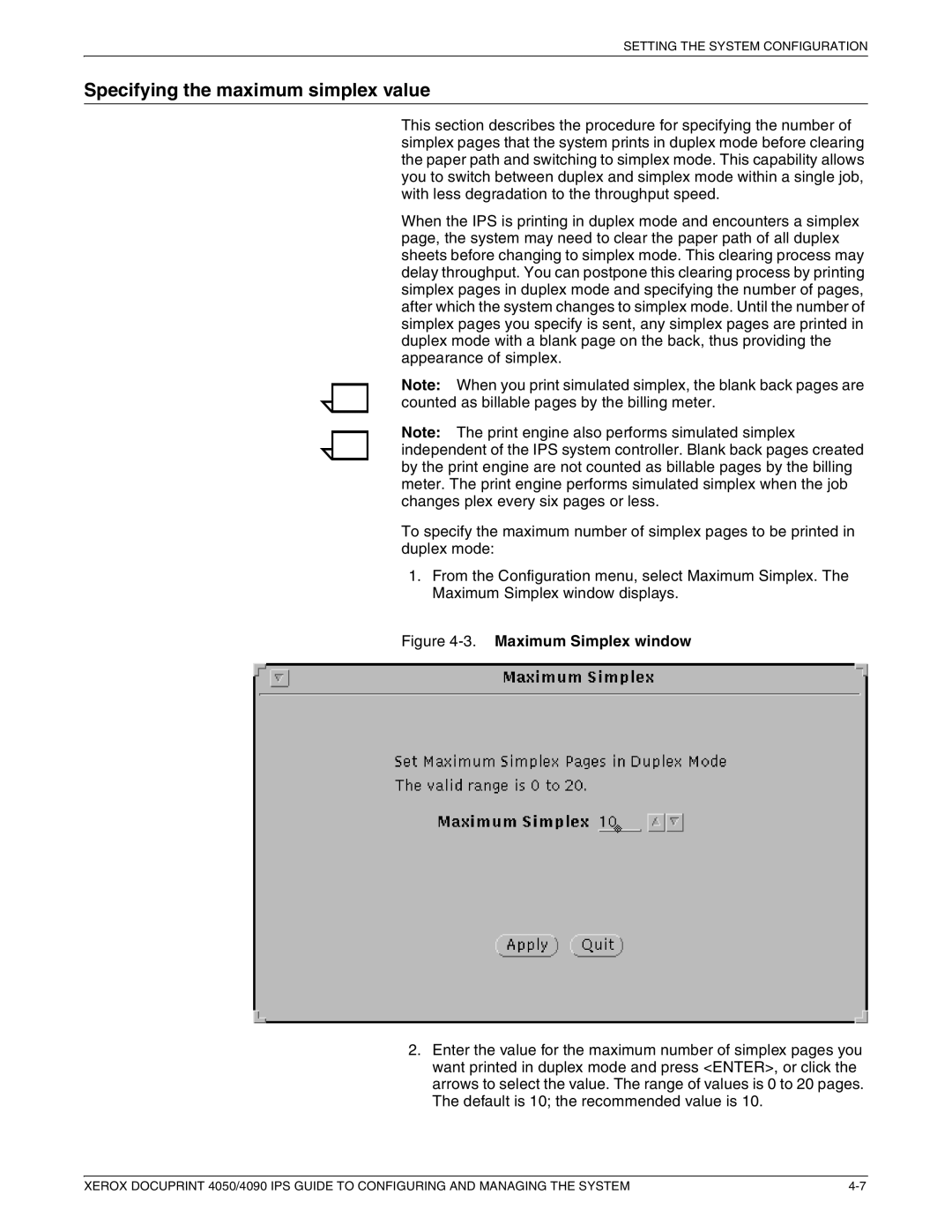 Xerox 4050 IPS, 4090 IPS manual Specifying the maximum simplex value, Maximum Simplex window 