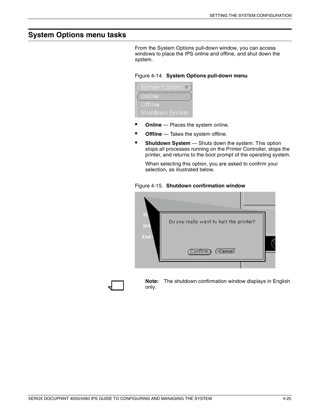 Xerox 4050 IPS, 4090 IPS manual System Options menu tasks, Shutdown confirmation window 