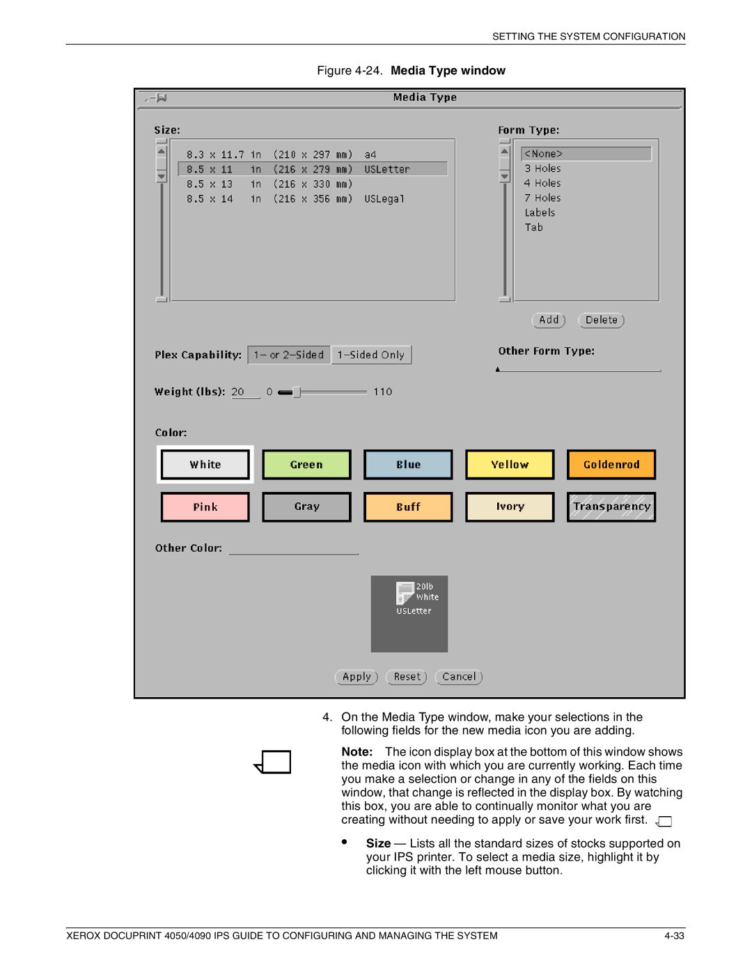 Xerox 4050 IPS, 4090 IPS manual Media Type window 