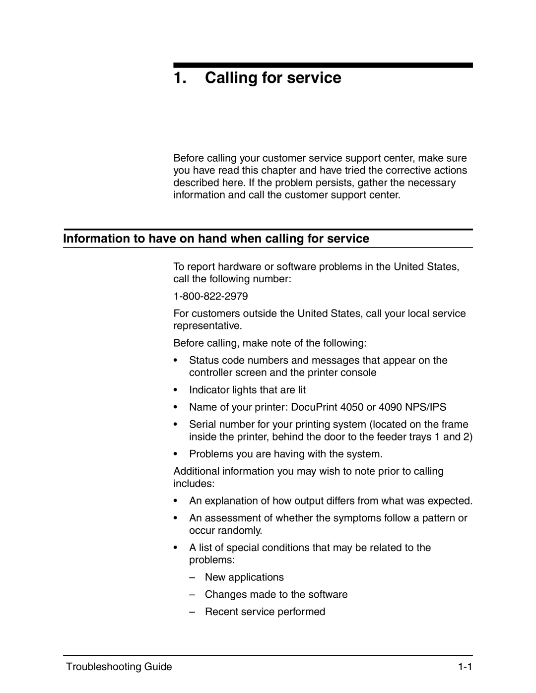 Xerox 4090 IPS manual Calling for service, Information to have on hand when calling for service 