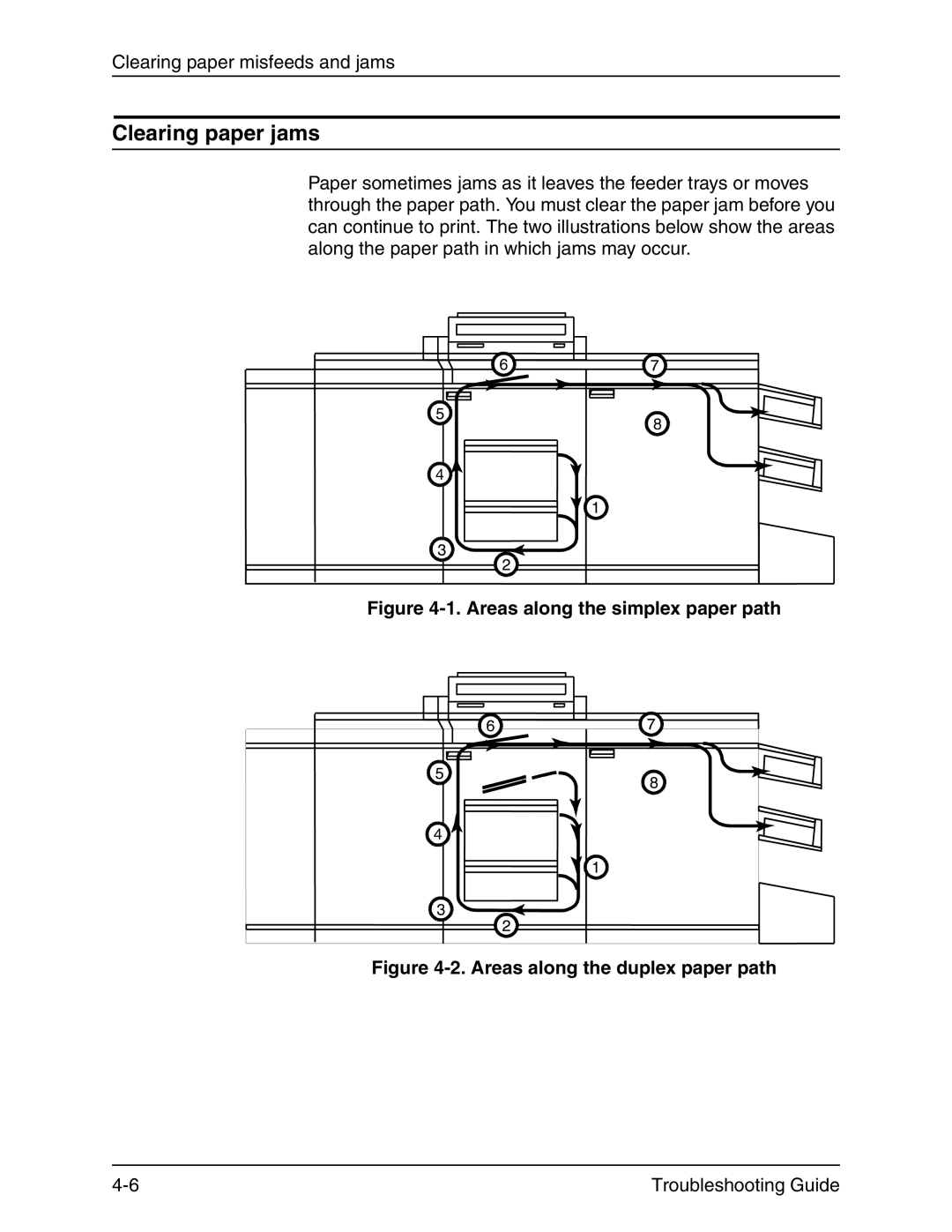 Xerox 4090 IPS manual Clearing paper jams, Areas along the simplex paper path 