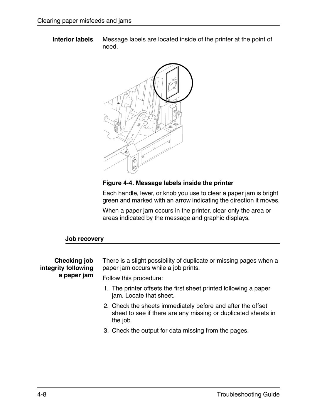 Xerox 4090 IPS manual Message labels inside the printer, Job recovery Checking job integrity following a paper jam 