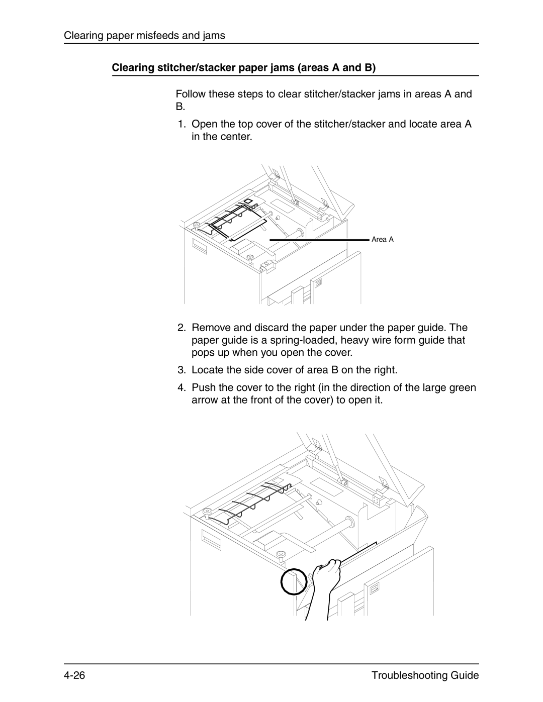 Xerox 4090 IPS manual Clearing stitcher/stacker paper jams areas a and B 