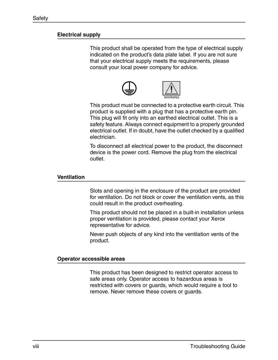 Xerox 4090 IPS manual Electrical supply, Ventilation, Operator accessible areas 