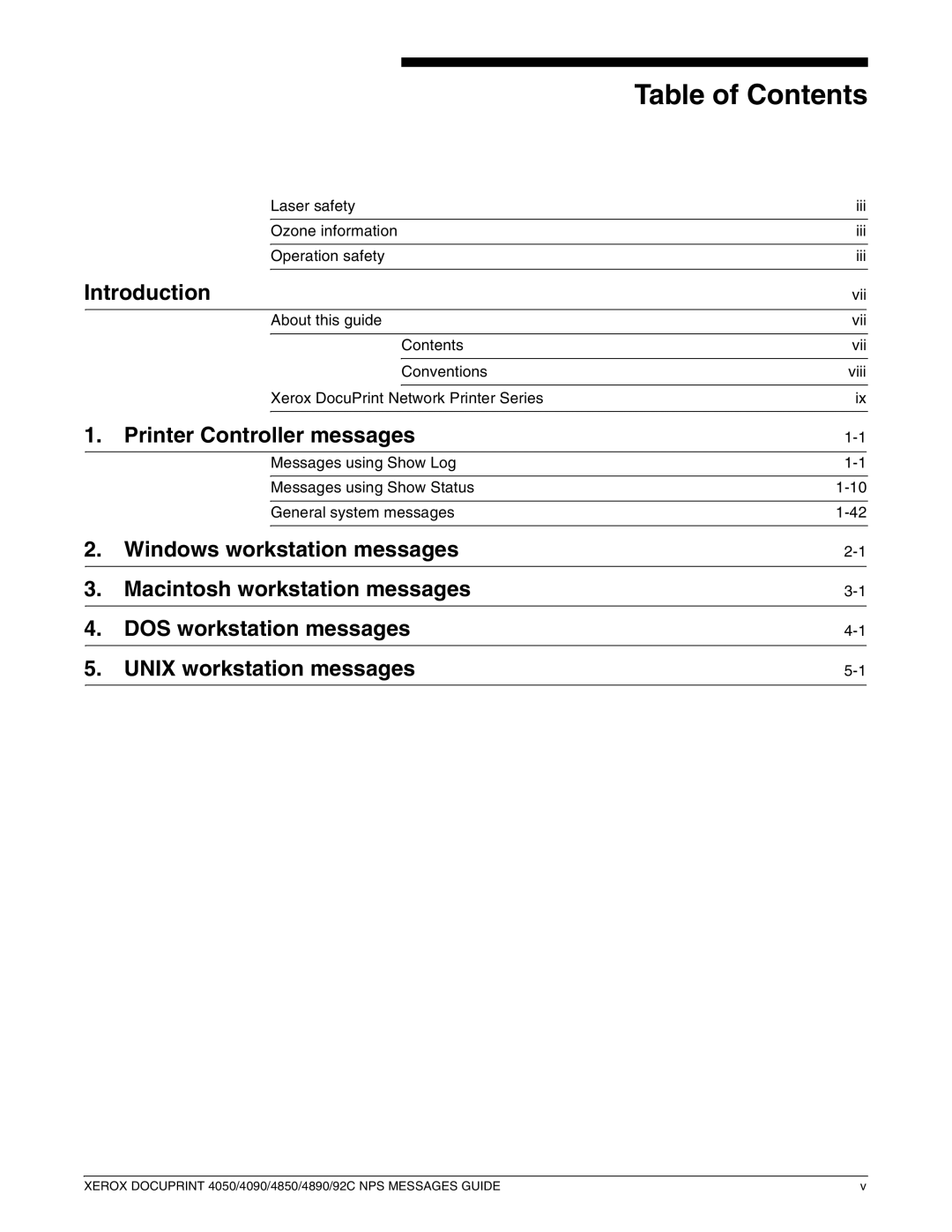 Xerox 4050 NPS, 4090 NPS, 4890 NPS, 4850 NPS manual Table of Contents 