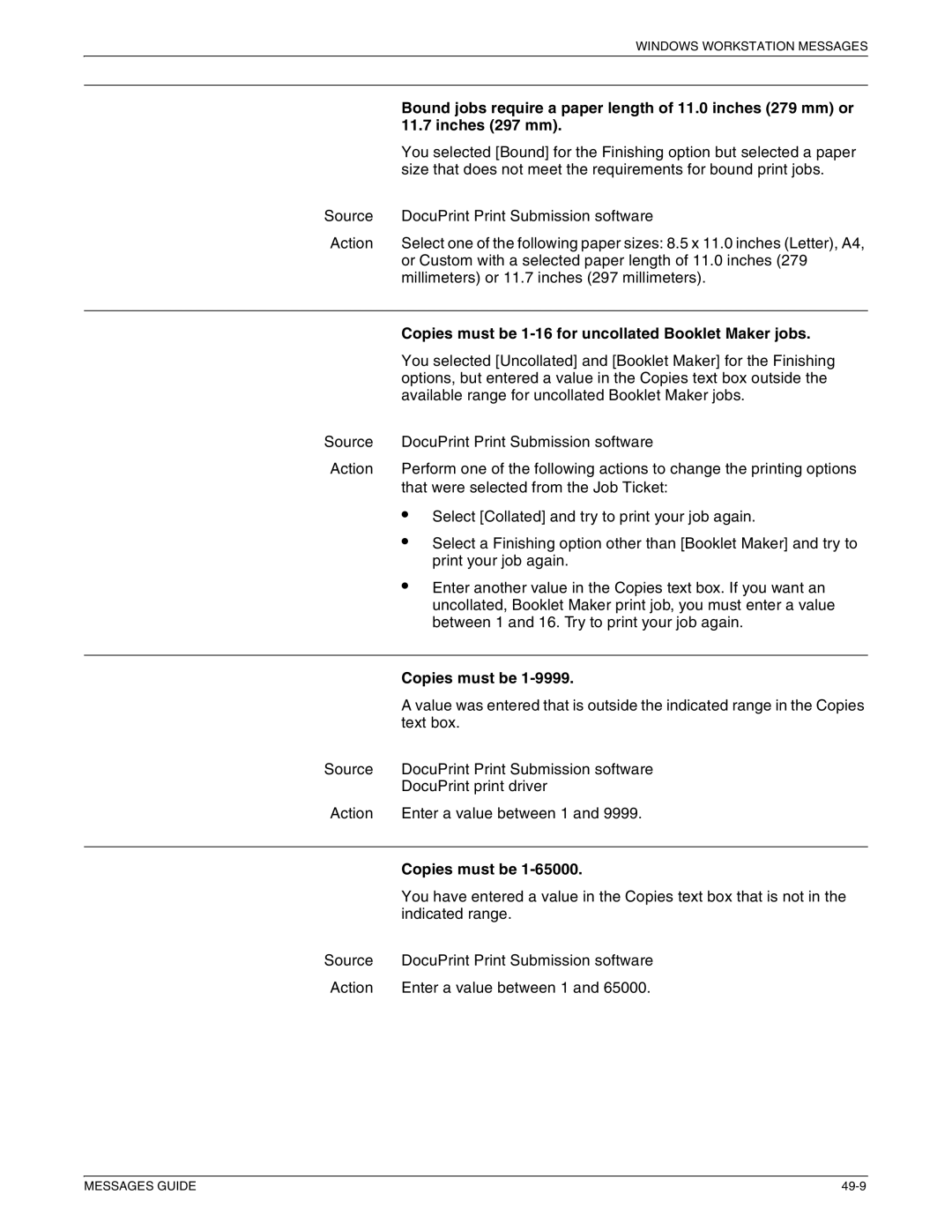 Xerox 4890 NPS, 4090 NPS manual Bound jobs require a paper length of 11.0 inches 279 mm or, Inches 297 mm, Copies must be 