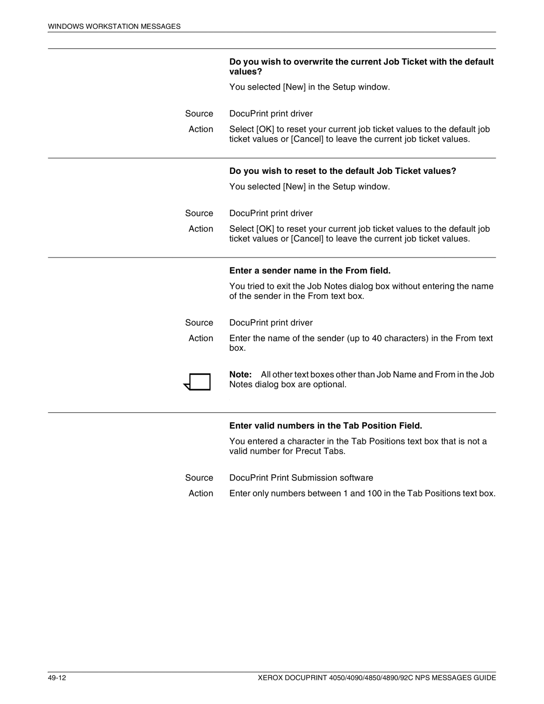 Xerox 4090 NPS Values?, Do you wish to reset to the default Job Ticket values?, Enter a sender name in the From field 