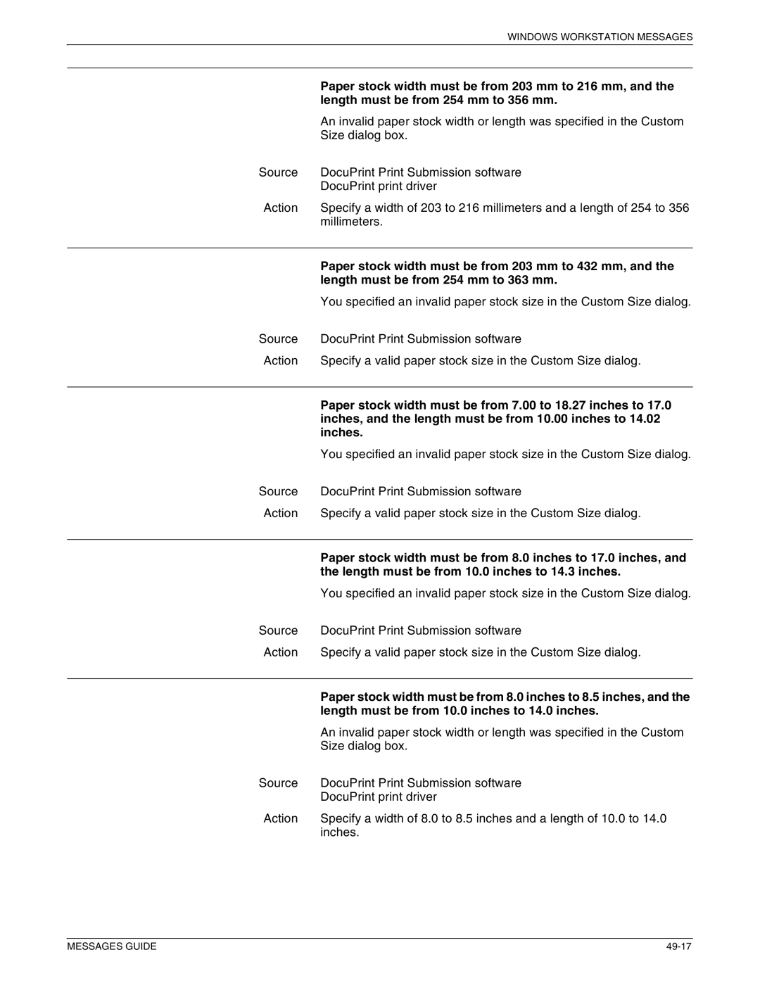 Xerox 4890 NPS Paper stock width must be from 203 mm to 216 mm, Paper stock width must be from 203 mm to 432 mm, Inches 