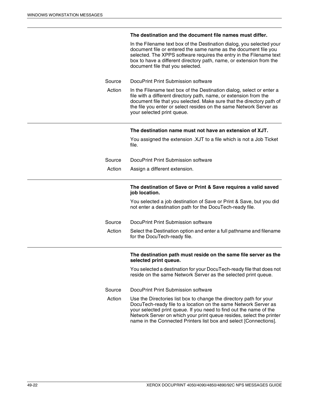 Xerox 4850 NPS Destination and the document file names must differ, Destination name must not have an extension of XJT 