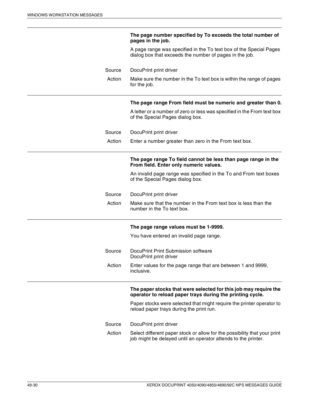 Xerox 4850 NPS Number specified by To exceeds the total number, Pages in the job, From field. Enter only numeric values 