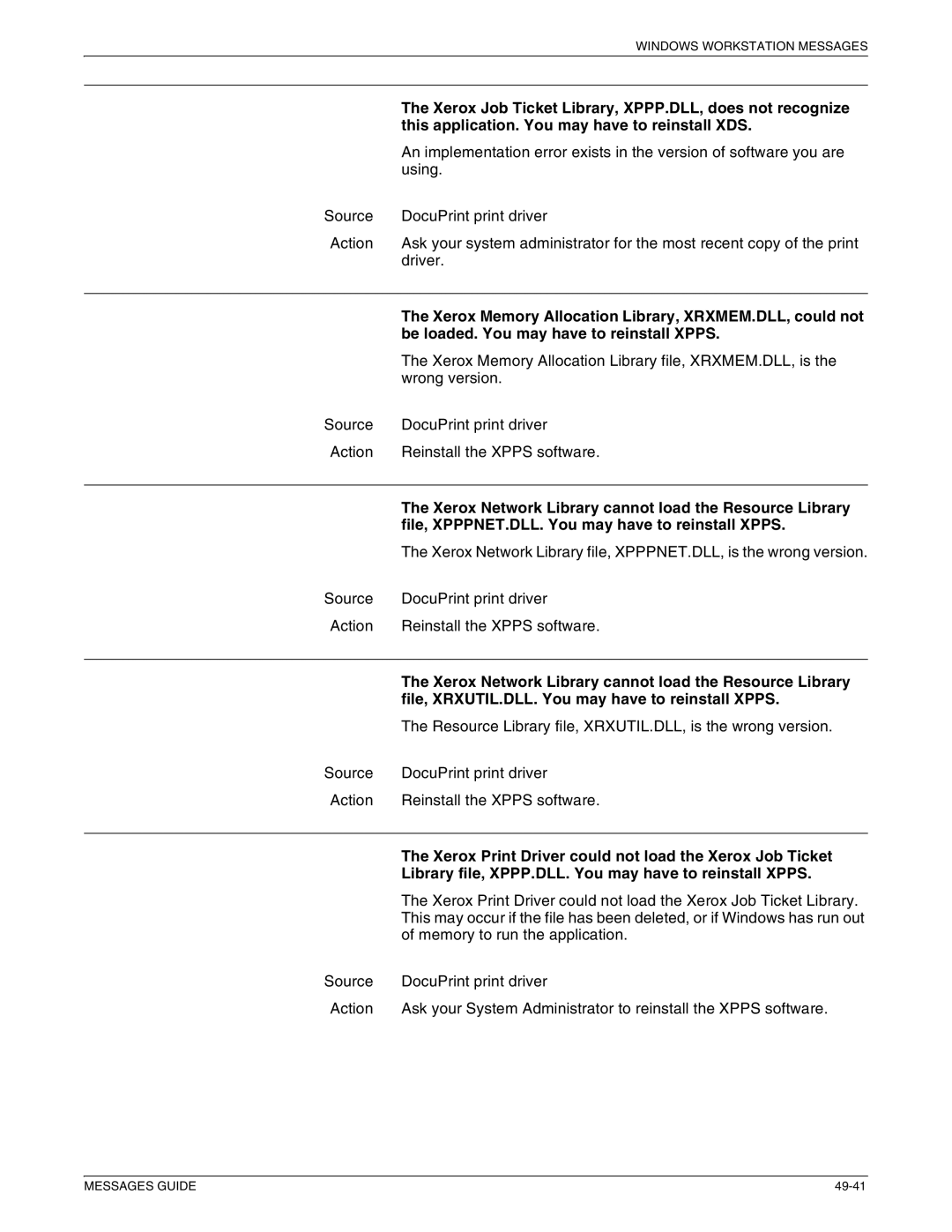 Xerox 4890 NPS Xerox Job Ticket Library, XPPP.DLL, does not recognize, This application. You may have to reinstall XDS 