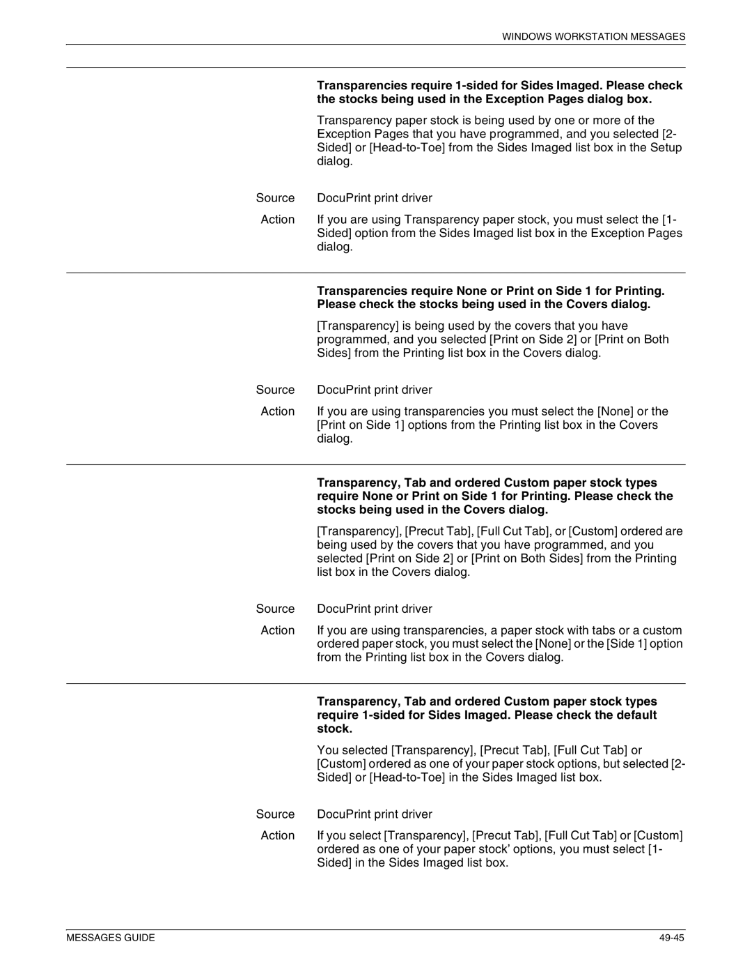 Xerox 4890 NPS Stocks being used in the Exception Pages dialog box, Transparency, Tab and ordered Custom paper stock types 