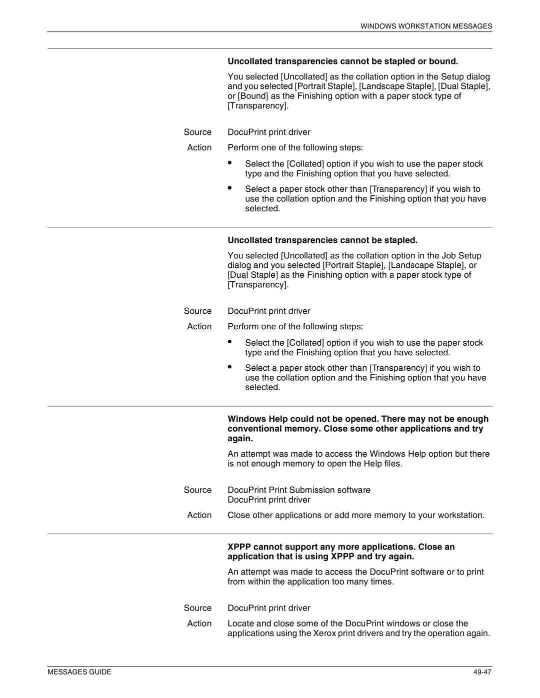 Xerox 4050 NPS Uncollated transparencies cannot be stapled or bound, Xppp cannot support any more applications. Close an 