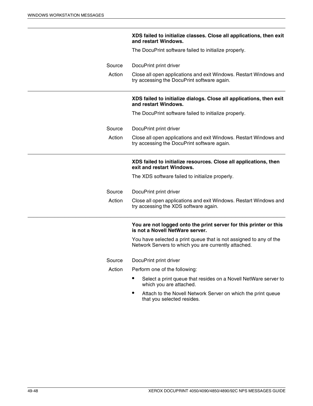 Xerox 4090 NPS, 4890 NPS, 4850 NPS, 4050 NPS manual Restart Windows, Exit and restart Windows, Is not a Novell NetWare server 