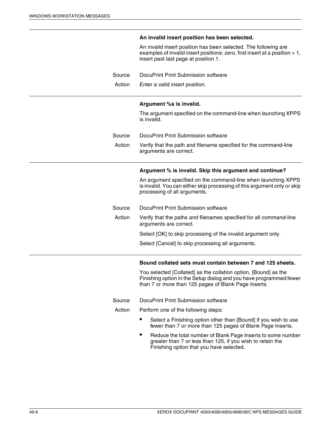 Xerox 4850 NPS, 4090 NPS, 4890 NPS, 4050 NPS manual An invalid insert position has been selected 