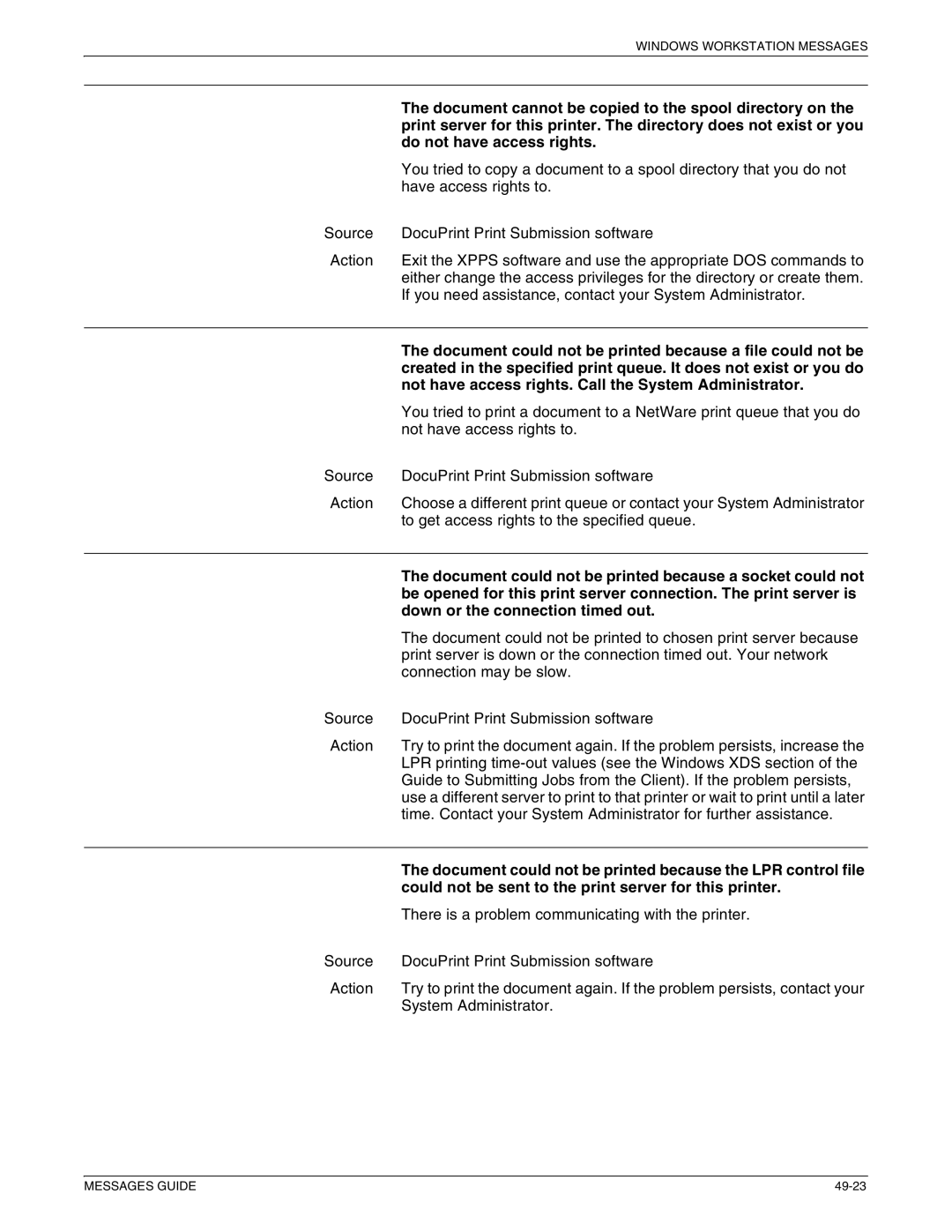 Xerox 4890 NPS, 4090 NPS, 4850 NPS, 4050 NPS manual Document cannot be copied to the spool directory on 