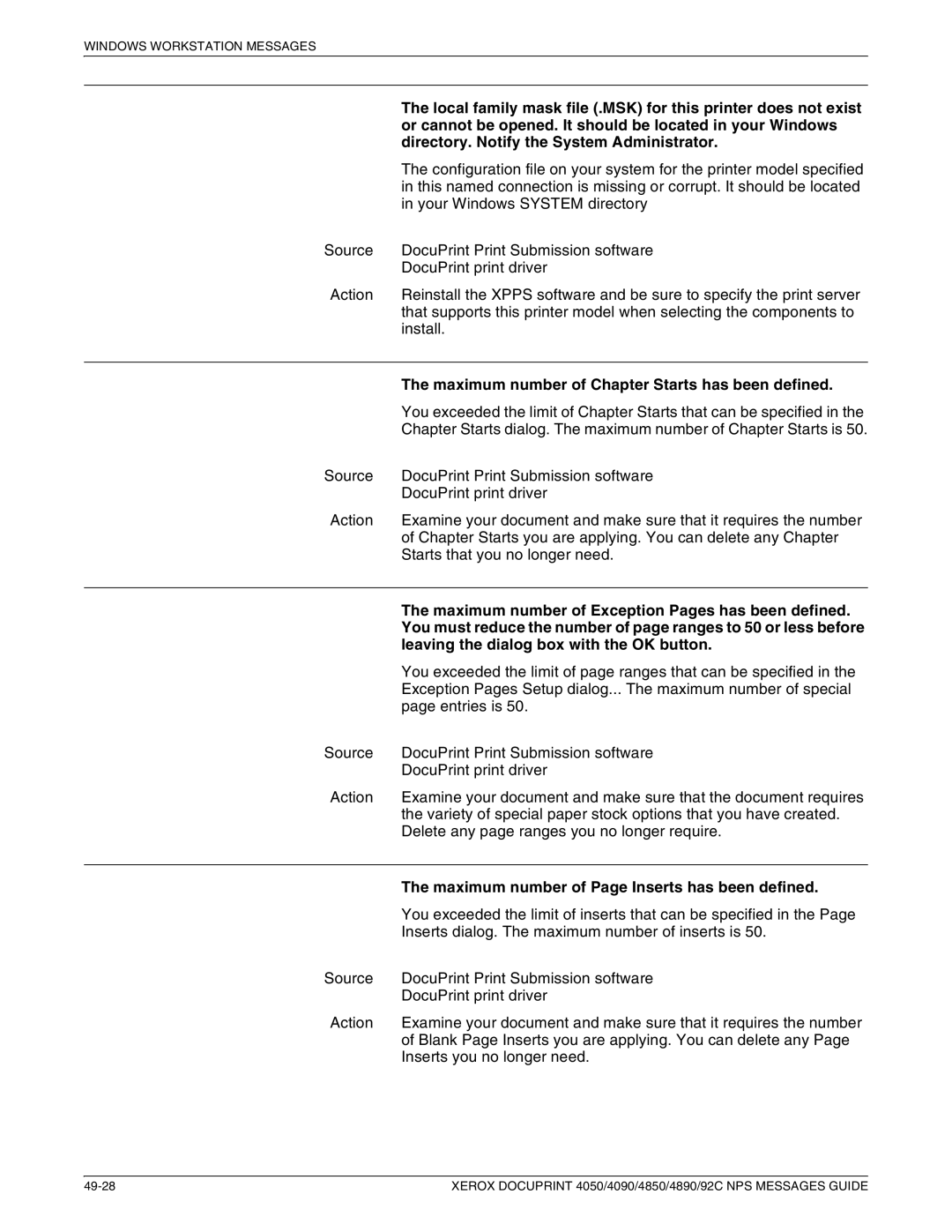 Xerox 4850 NPS, 4090 NPS, 4890 NPS, 4050 NPS manual Local family mask file .MSK for this printer does not exist 