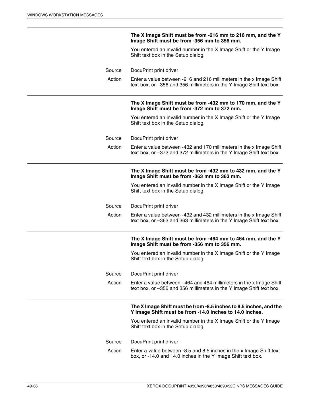 Xerox 4090 NPS, 4890 NPS, 4850 NPS, 4050 NPS manual X Image Shift must be from -216 mm to 216 mm, and the Y 