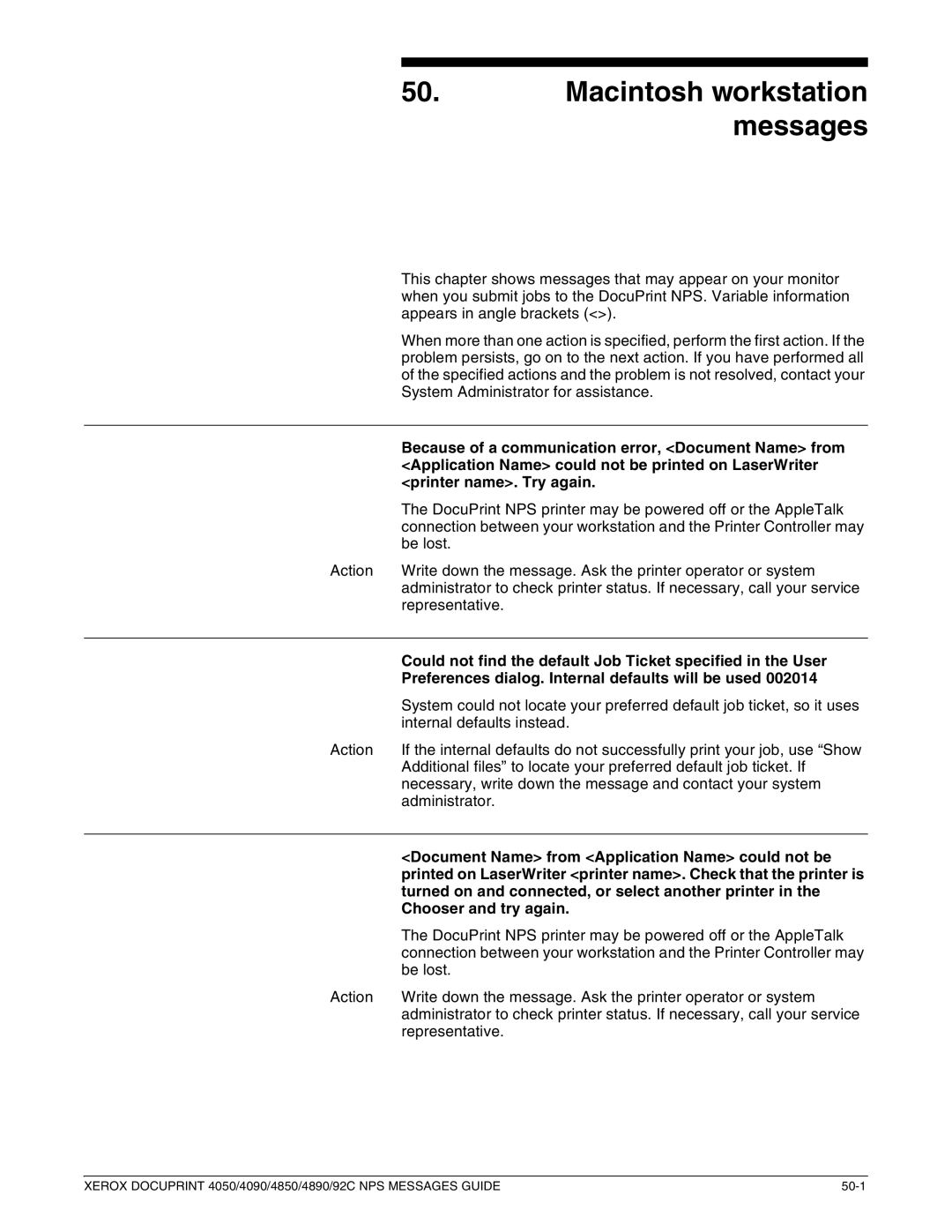 Xerox 4890 NPS Because of a communication error, Document Name from, Application Name could not be printed on LaserWriter 